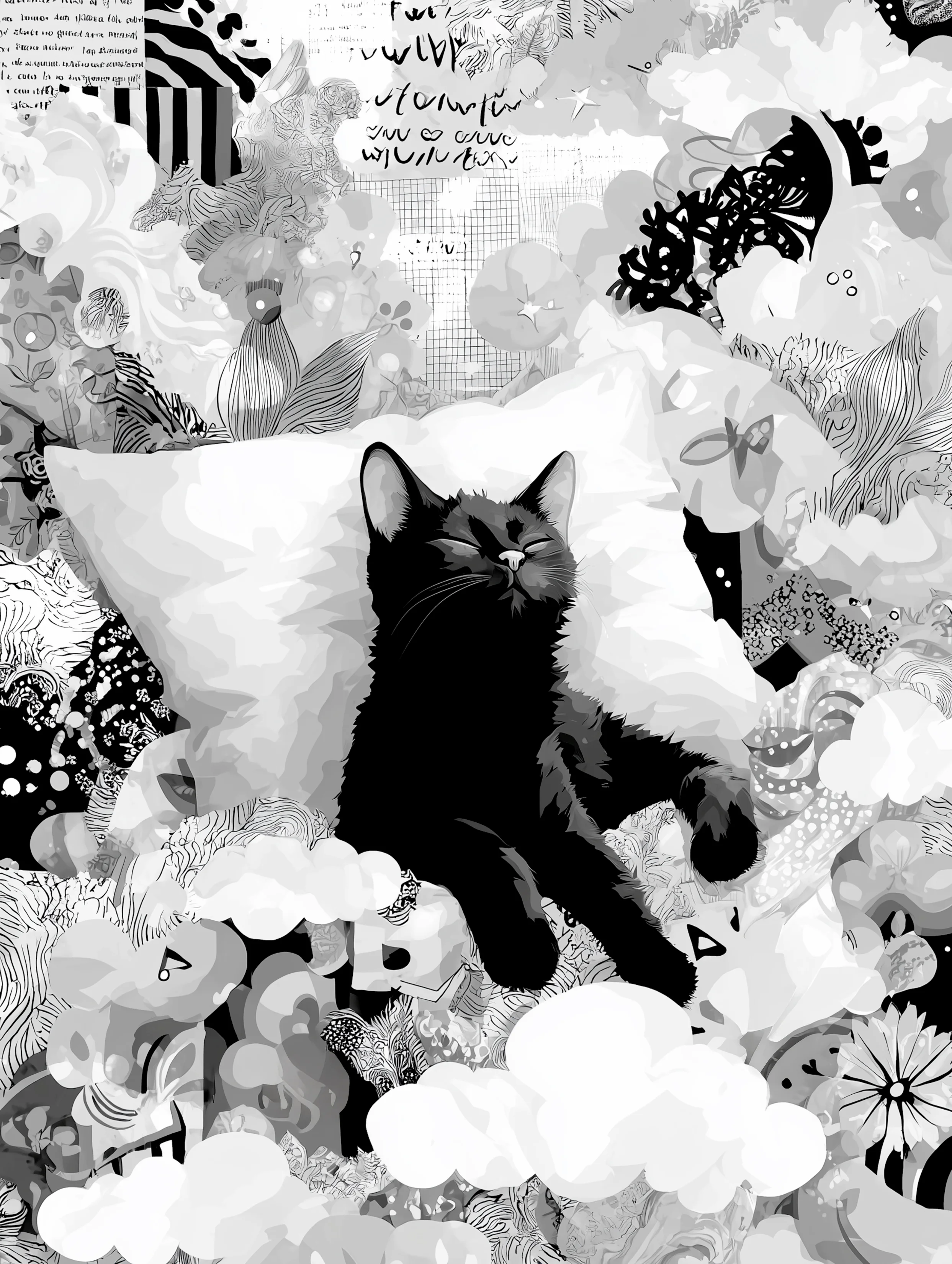 Free printable black cat coloring page for adults featuring black cat on a white pillow